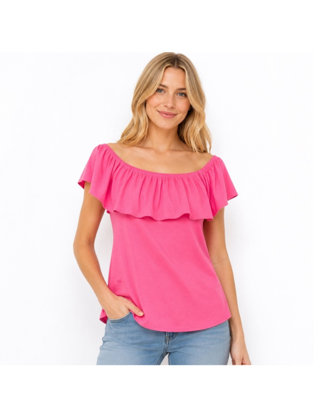 Lilly Pulitzer La Fortuna Ruffle Off Shoulder Top Hot Pink Resort Casual Size M